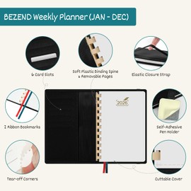 BEZEND Pocket Planner 2026 Weekly and Monthly (4.25" x 6.75") Equal Ruled Space Even Weekends (Jan-Dec 26) Work Home School Women, Card Slots & Refillable PU Leather Softcover - Fruit Green