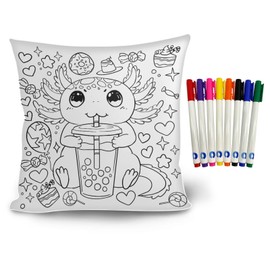 Fkwergsy Color Your Own Pillow Case DIY Coloring Axolotl Pillowcase for Girls Kids Machine Washable Polyester Pillow Cover with 8 Fabric Markers