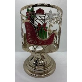 Santa Sleigh Reindeer Presents with Bow 3 Wick Candle Pedestal Holder Stand in Gold Casing