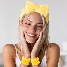 Yellow Spa Headbands and Wrist Set for Women Girls- Face Wash Headband Wristband Set, Soft Facial Spa Hair Wraps Makeup Skincare Bath Headbands Wrist Bands for Christmas, Birthday Gift