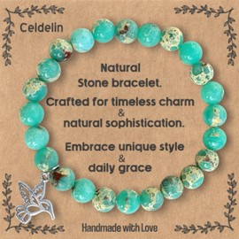 Celdelin Beaded Bracelets for Women, Hummingbird Natural Stone Bracelets, Gemstone bracelet, Stretch Green Hummingbird Gifts for Women