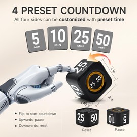 Exlliy Rotating Productivity Timer 5, 25, 10, 50 Minutes Preset, Desk Cube w/Gravity Sensor for ADHD, Mute Functions, Ideal for Work, Study, Kitchen, Back to School (1, Black)