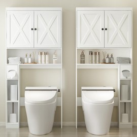 Over The Toilet Storage Cabinet, Farmhouse Storage Cabinet Bathroom Organizers and Storage with Barn Door Home Space-Saving Toilet Rack with Anti-Tip Device & Adjustable Shelf for Bathroom Laundry