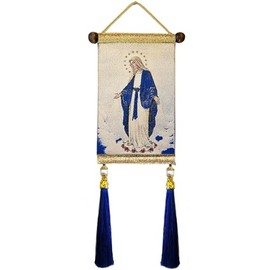 Our Lady of Grace Catholic Icon of Virgin Mary Religious Tapestry With Tassels and Faux Pearls 13 1/2 Inch, Religious Gifts For Woman Man