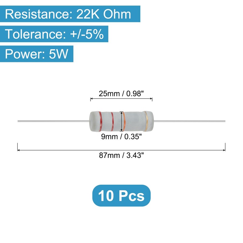 YOKIVE 10 Pcs 22K Ohm 5 Watts Metal Oxide Film