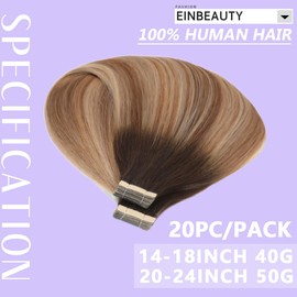 EINbeauty Tape Extensions Real Hair 20 Pieces Extensions Real Hair 55 cm 50 g Dark Brown with Chestnut Brown with Ash Blonde Tape-In Extensions Real Hair Invisible Real Hair Extensions for Women (22