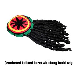 Loriketty Jamaican Style Rasta Hat - Crocheted Knitted Beret Cap, Long Braid Reggae Dreadlocks Wig Hat, XL Size Black