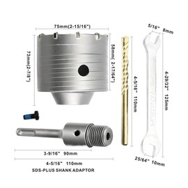 Concrete Hole Saw 75mm(3inch) with SDS Plus Shank Adaptor for Concrete,Cement,Brick,Wall and Stone