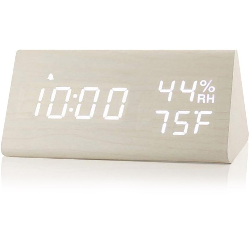 Digital Alarm Clock LED Display Sound Control Temperature Humidity Wood
