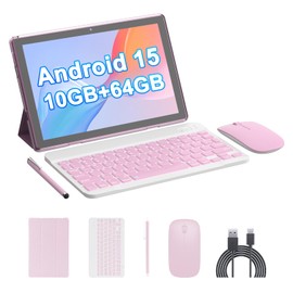 HOTTABLET 10" Android 15 Tablet, 10(4+6Expand) GB RAM+64GB ROM, 2+8MP Dual Camera, 6000mAh Battery (Tablet+case+Stylus+beyboard+Mouse), Pink