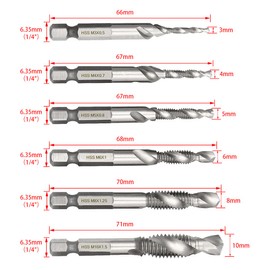SeonFook 6 Pcs Tap Drill Set Drill Bit Hex Shaft (0.25 inch (6.35 mm) High Speed Steel (HSS) Chamfer Tap M3 M4 M5 M6 M8 M10 Threading Tap