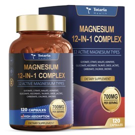 Totaria Complejo de magnesio 700 mg 12 en 1 Suplemento de magnesio con glicinato, citrato, malato, óxido, taurato, aspartato, orotato. Magnesio para la relajación, los músculos y el corazón