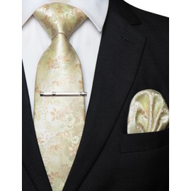 JEMYGINS Men's Floral Ties and Pocket Square Sets with Tie Clip Available in Various Colours, Beige/Hippie Green