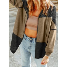 Dokotoo Womens Jackets Oversized Lightweight Trendy Waffle Knit 2024 Drawstring Contrast Fashion Hoodies for Ladies Zip Up Tops Fall Outfits Tops,Khaki XX-Large