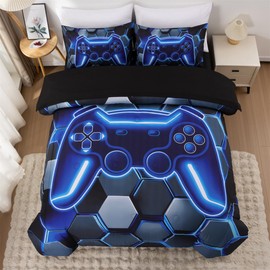 NTBED 3D Gaming Comforter Set for Boys Kids Teens,5pcs Gamer Bedding Sets with Sheet,Game Console Bed in a Bag (Blue, Twin)