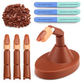 3 Pieces Practice Fingers for Acrylic Nails with Base, Tips & Nail Buffer Block, Adjustable Mannequin Fake Finger for Nail Techs, Beginner Movable Flexible Nail Training Finger Kit (Brown)