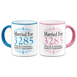 Pair of Married for.Days & Counting. Anniversary (9th Pottery) Novelty Gift Mugs - Blue & Pink