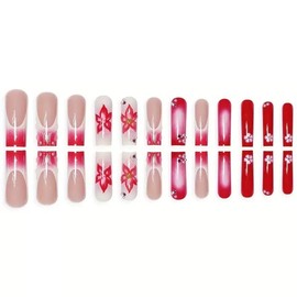 Long Press on Nails French Tip Fake Nails Square with 3D Flower Design Stick on Nails Glossy Pearl Acrylic Nails Full Cover Glue on Nails Red Artificial Nails for Women 24 Pcs