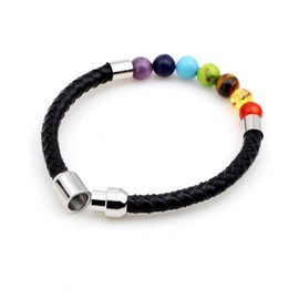 KunBead Jewelry Chakra Healing Crystal Beads Bracelets Black Braided Mens Leather Bracelet for Women