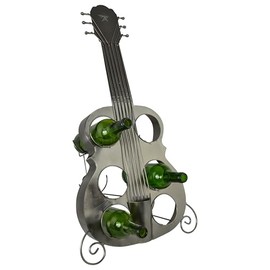 Guitar Wine Rack Bottle Holder Floor Standing and Holds 6 Bottles of Wine 28" Tall in Recycled Silver Metal