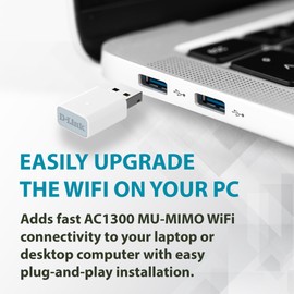 D-Link AC1300 USB WiFi Adapter | 2.4/5GHz Dual Band Wireless Internet Travel Size for Desktop PC Laptop | MU-MIMO Plug & Play | Supports Windows 10/11 Drivers | WPA3 Enhanced Security (AU13U-CA)