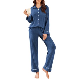 Ekouaer Womens Pajama Sets Long Sleeve Ribbed Knit Lounge Set Button Down Soft 2 Piece Pjs With Pockets Blue L
