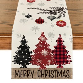 Artoid Mode Red Pine Trees Merry Christmas Table Runner, Winter Xmas Holiday Kitchen Dining Table Decoration for Home Party Decor 13x60 Inch