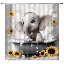 Cute Elephant Shower Curtain Watercolor Sunflower Funny Cartoon Animal in Bathtub Bubble African Wildlife Hilarious Lovely Bathroom Decor Curtains with Hooks