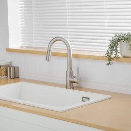 Modern Classic Style Single Handle Pull Kitchen Faucet Stainless Steel Brushed Nickel Single Hole Hot Cold Water Sprayer CeramicColor: NICKEL, Surface Finishing: Stainless Steel