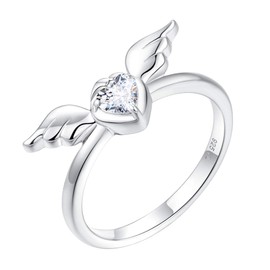 YL Angel Wing with Mother and Child Ring 925 Sterling Silver cut Heart White Cubic Zirconia Ring for Mum Women(Size K)
