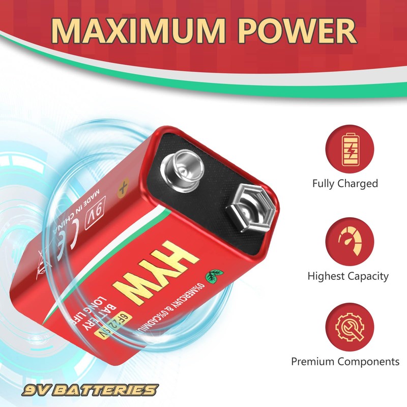 Fitinoch 4 Pack 9 Volt Alkaline Batteries, Long-Lasting 9V Battery