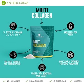 Antler Farms Proteína de colágeno múltiple en polvo - 5 tipos (I, II, III, V y X) Péptidos de colágeno hidrolizado 100 puros para hombres y mujeres - 