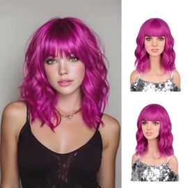 14 Inch Colourful Short Bob Wigs with Bangs for Women, Loose Wavy Hair Shoulder Length Synthetic Rose Mix Purple Wig for Cosplay Daily Party Use, Rose mixed Purple