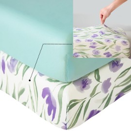 SDIII 2 Pack Purple Floral Crib Sheets 52" x 28" x 8", 100% High Elastic Microfiber Jersey Knit, Soft and Breathable, Floral and Green Crib Sheets Fitted