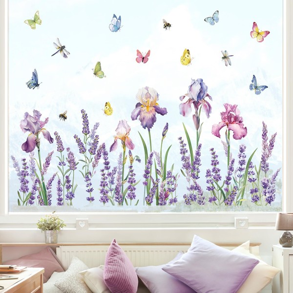 decalmile Iris Flower Lavender Window Clings Grass Butterflies Window Decals