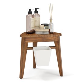 Smart FENDEE 12.4“ Tall Small Teak Shower Stool for Shaving, Waterproof Corner Foot Rest with Storage Basket, Space-Saving Design for Compact Showers