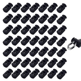 Samcos Spring Cord Stoppers, Pack of 50, 2 Holes, Hole Diameter Approx. 0.2 inches (6 mm), Cord Stopper, Replacement, Repair, Clothes, Rucksacks, Sports Clothes, Etc, Rope Stopper (Black, Barrel Type)