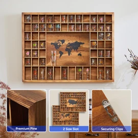 Tristcily Large World Map Shot Glass Display Case 60 Slots 34 X 26''Rustic Brown Wood Holder for 2 Different Size Shot Glass In Living Rooms Bars Wine Cellars Used for Jewelry Stones & Shell