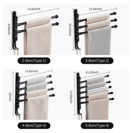 Swivel Out Towel Racks with Hooks 2-Bars Foldable Arms Bath Towel Hanger Wall Mount Towel Bar Aluminum Towel Holder Organizer for Bathroom Kitchen