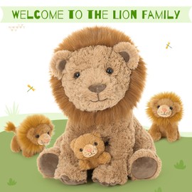 Karister Lion Stuffed Animal Set, Mother Lion Plush with 3 Baby Lions in Mommy's Zippered Back, Wild Animal Stuffed Toy for Kids Boys Girls, Christmas Birthday
