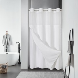 eachope Stall White No Hook Waffle Weave Shower Curtain with snap-in Liner Replacement, 230GSM Waterproof Fabric Hotel Shower Curtain Set for Bathroom, Through Mesh Top Window,54Wx80H