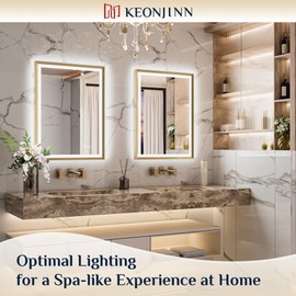Keonjinn 24” x 32” LED Bathroom Mirror with Frontlit & Backlit, Gold Metal Framed Beveled Edge Lighted Vanity Mirror for Wall, Anti Fog, Stepless 3-Color Temperatures, UL-Listed LED Driver