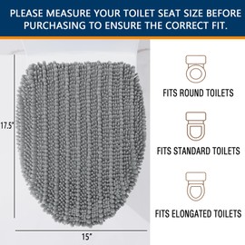 Arotive Soft Chenille Bathroom Toilet Lid Cover 17.5x15, Machine Washable Seat Covers, Stays in Place Non-Slip Backing, Fits Most Round, Elongated and Oblong Lids, Accessories Decor, Grey