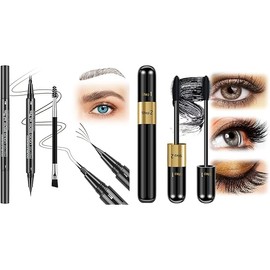 Mascara Black Volume and Length & Microblading Eyebrow Pen, 4D Silk Fiber Mascara Natural and False Effect, Waterproof Eyebrow Pencil Brown Hair Like Natural Liquid Eyebrow Pen Medium Brown