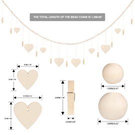 Wall Hanging Photo Display with Clips, 4.9ft Wooden Beads Garland, Picture Photo Frame Set with 12 Wood Clips for Bedroom, Living Room Dorm