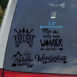 Explore Decal 4 Pack: Adventure Awaits, Not All Those Who Wander are Lost, Wanderlust, Explore (Black, Small ~3.5")