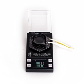 Carbon-by-Charlie Digital Mini Scale with Carbon Fiber Platform - High Precision 50g/0.001g for Jewelry, Powder with Tweezers, 50g Calibration Weight and Weighing Pan