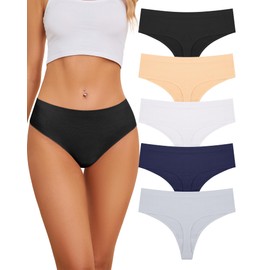 voenxe Seamless Women Underwear Thongs,High Waisted Cut No Show Ladies Panties,Breathable Comfortable Brief,Invisible Woman Hi Rise No Panty Line Underpant Undies,5-Pack Basics