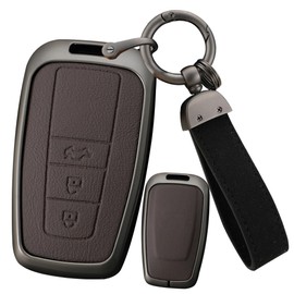 ontto 3 button Key Fob Cover Fit for Toyota 86 GT86 Avalon C-HR Camry Corolla Land Cruiser Prado Prius RAV4 2016-2023 Alloy Leather Smart Key holder Shell case keyring keychain accessories Brown A