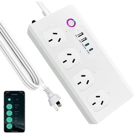 Zauzau Smart Surge Protector Power Board - 4 Widely Outlets with 4 USB Ports(2 USB C), 1.5M Extension Cord, 1500J Surge Protection Double Switch, Home Office Accessories (White, WiFi Power Board)